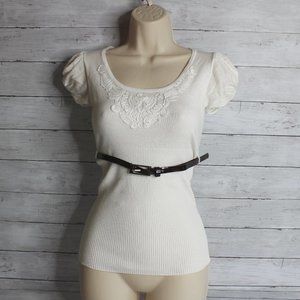 Heart Soul Women's Sweater Size L Off White Belted Short Sleeve